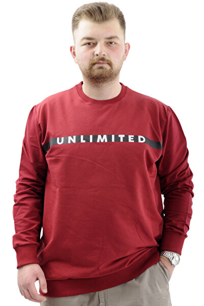 ModeXL Mode XL Великий розмір Чоловічий світшот, з принтом, велосипедний комір Unlımıted U24171 Бордовий