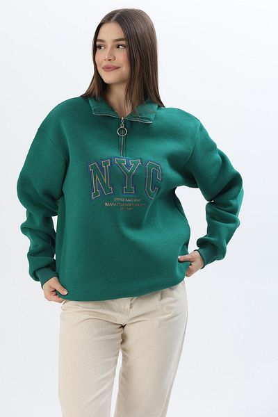 CALİENTE Hanorac oversize cu guler ridicat cu fermoar brodat Nyc, verde