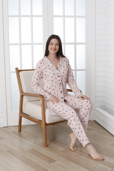 VG BOND MODA طقم بيجامة نسائي من الجيرسيه بأكمام طويلة - أزرار أمامية VG137