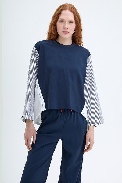 Quzu Navy Blue Striped Sweatshirt - Garnished Sleeves