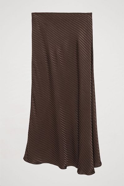 Quzu Brown Satin Midi Skirt - Stripe Textured