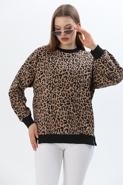 CALİENTE Flower Pattern Two Yarn Sweatshirt Leopard