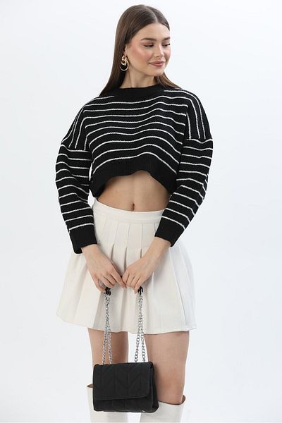 CALİENTE Pulover din tricot cu dungi subțiri, negru