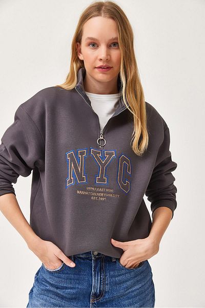 CALİENTE Hanorac oversize cu guler ridicat cu fermoar brodat Nyc, afumat