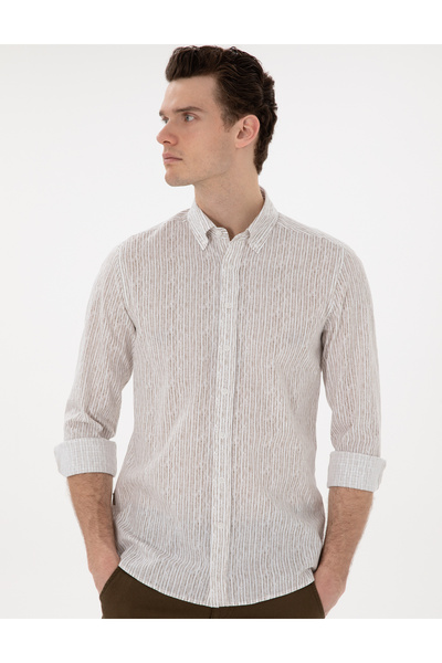 Pierre Cardin Khaki Striped Slim Fit Long Sleeve Shirt 50304595-Vr027