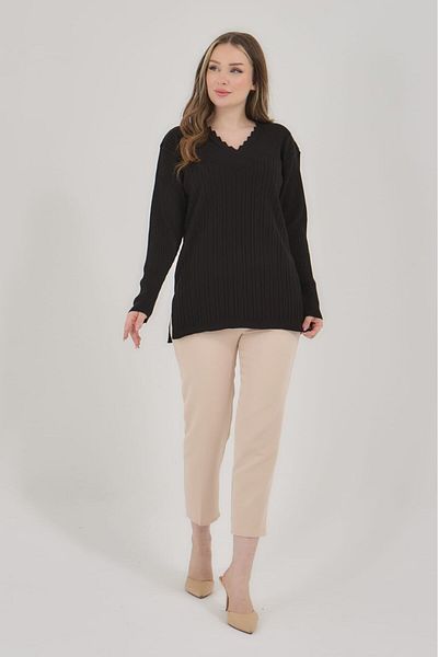 Fresh&Moda Women's Black Knitwear Stretchy V-Neck Long Sleeve Winter Mother Sweater