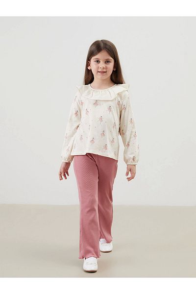 LC Waikiki طقم تي شيرت وسروال ضيق للفتيات الصغيرات من LCW Kids Ecru