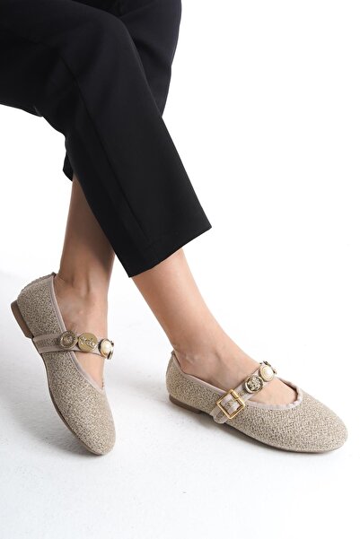 Bak Store Beige Tweed Women's Ballerina Ballerina Pearl Buckle Adjustable Strap Lightweight Comfortable Stylish Work Office Casual Shoes