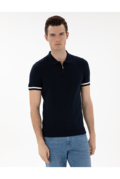 Pierre Cardin Lacivert Slim Fit Fermuarlı Polo Yaka Triko Tişört 50303473-VR033