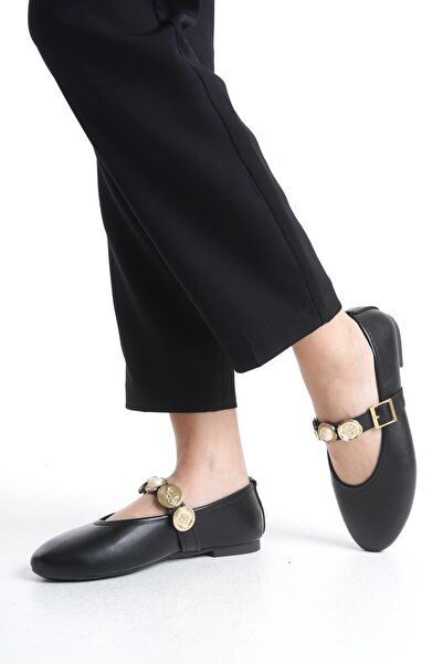 Bak Store Black Skin Women's Ballerina Ballerina Pearl Buckle Adjustable Strap Lightweight Comfortable Stylish Work Office Casual Shoes