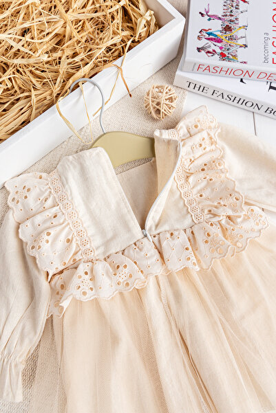 Babymod Fistolu Kare Yaka %100 Pamuk Krem Kız Bebek Elbise Özel Gün Doğum Günü