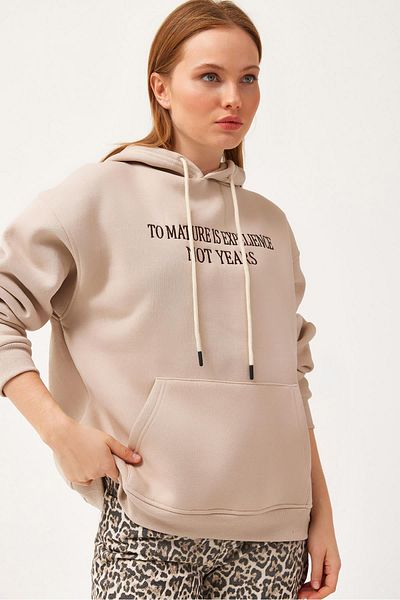 CALİENTE Oversize Hooded Kangaroo Pocket Sweatshirt Beige