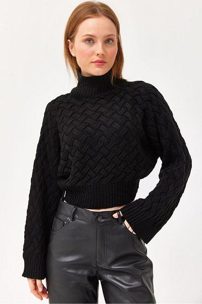 CALİENTE Pulover scurt cu model de tricotat cu gât țesut înaltă negru