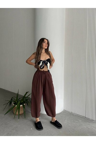 Stil Sepeti Women's Brown Muslin Fabric Shalwar Trousers with Elastic Waist