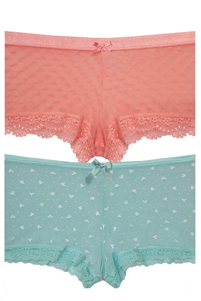 papatya lingerie 2'' Economic Package 3262-2 Heart Patterned Lace Fancy Shorts Crotch Cotton
