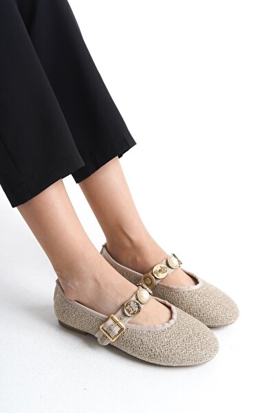 Bak Store Beige Tweed Women's Ballerina Ballerina Pearl Buckle Adjustable Strap Lightweight Comfortable Stylish Work Office Casual Shoes