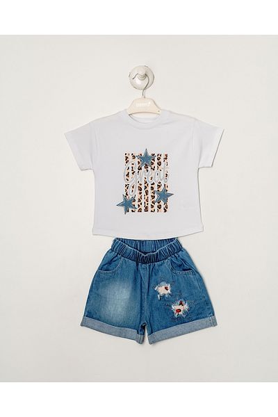 Titimixkids Girl's Star Detailed Stone Embroidery Bottom Top Double Set Shorts T-Shirt 2-5 Years