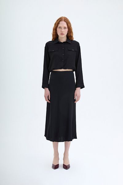 Quzu Black Satin Midi Skirt - Stripe Textured