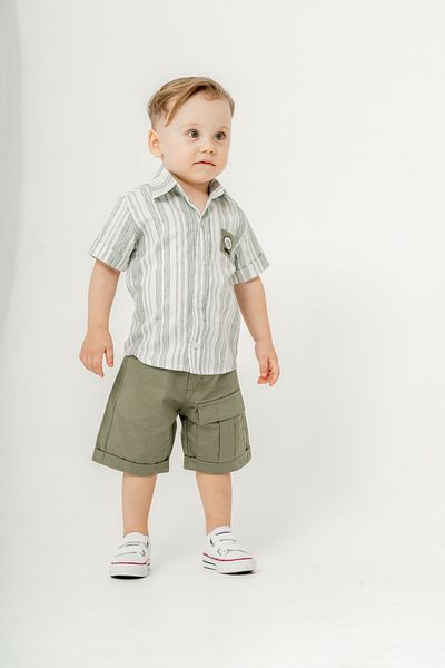 Titimixkids Boy's Stripe Patterned Shirt Shorts Double Set 1-4 Years
