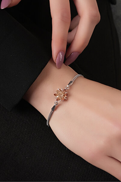 SUNSHINE 925 Ayar Gümüş Şampanya Taşlı Küp Zincirli Özel Tasarım Lotus Çiçeği Bileklik