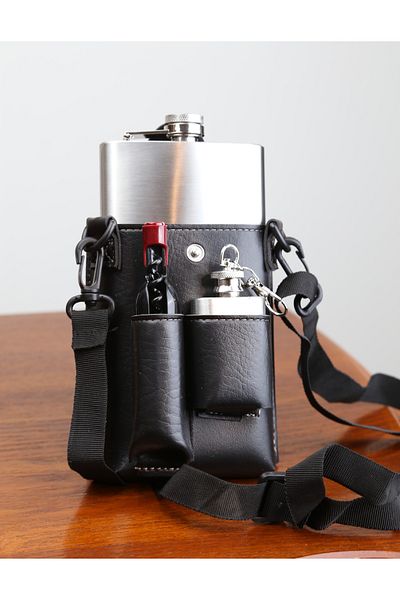 imsaconcept Metal Silver 2-Piece Flask Set with Corkscrew and Keychain Shaped Flask Anniversary Gift