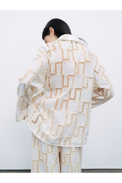 Nocturne Ecru Jacket for Women - Relaxed Fit, Shirt Neck, Belt Detail, Double Front Buttons N25Yn5271-Ekru