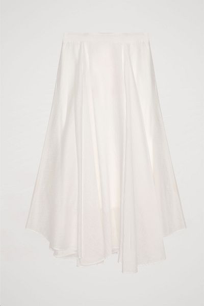 Quzu Ecru Color Asymmetrical Cut Pleated Midi Skirt