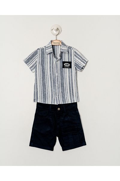 Titimixkids Boy's Stripe Patterned Shirt Shorts Double Set 1-4 Years
