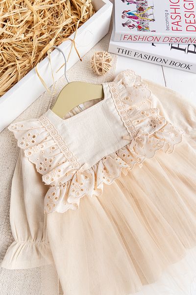 Babymod Scalloped Square Collar 100% Cotton Cream Baby Girl Dress Special Day Birthday