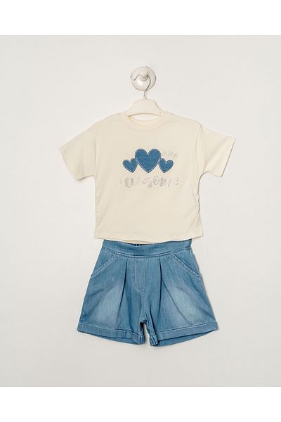 Titimixkids Girl's Heart Stone Embroidery Detailed Bottom Top Double Set Shorts T-Shirt 2-5 Years