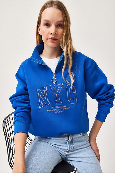 CALİENTE Hanorac oversize cu guler în picioare cu fermoar brodat Nyc Albastru