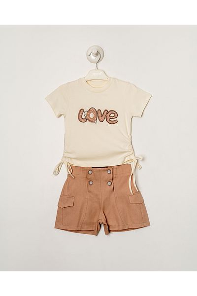 Titimixkids Love Written Stone Detailed Girl's Top and Bottom Set T-Shirt Shorts 2-5 Years