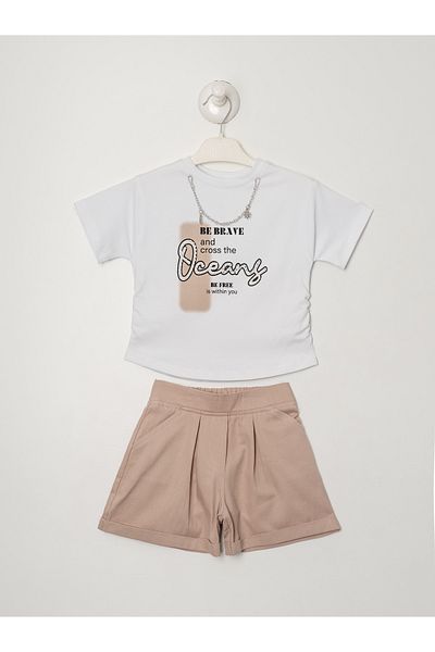 Titimixkids Girl's Necklace Detailed Double Set Shorts T-Shirt 2-5 Years
