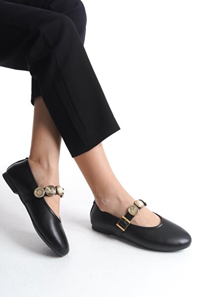 Bak Store Black Skin Women's Ballerina Ballerina Pearl Buckle Adjustable Strap Lightweight Comfortable Stylish Work Office Casual Shoes