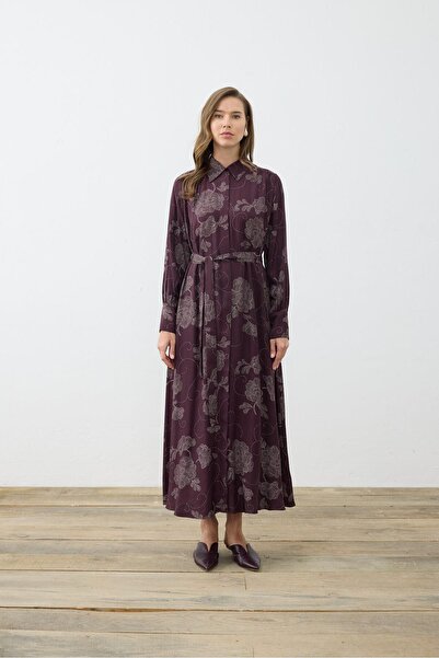TERZİ DÜKKANI Ritz Patterned Rayon Viscosa Shirt Dress Burgundy