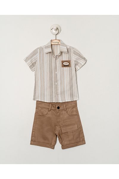 Titimixkids Boy's Stripe Patterned Shirt Shorts Double Set 1-4 Years