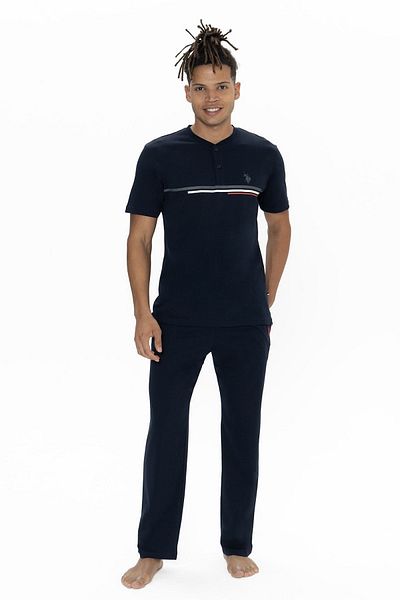 U.S. Polo Assn. U.S. Polo Assn. 18901B Set de pijamale cu mânecă scurtă pentru bărbați, cu nasturi, cu guler, albastru închis