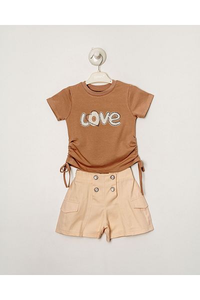 Titimixkids Love Written Stone Detailed Girl's Top and Bottom Set T-Shirt Shorts 2-5 Years