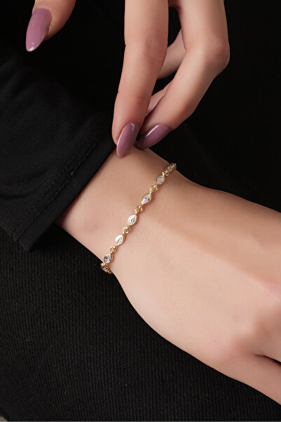 SUNSHINE 925 Ayar Gümüş, Gold Kaplamalı Mekik Taşlı Tasarım Bileklik