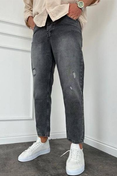 MADZEYMODA Boyfriend Mold Ανδρικό ύφασμα τζιν με σκισίματα καπνιστό τζιν παντελόνι KE-273