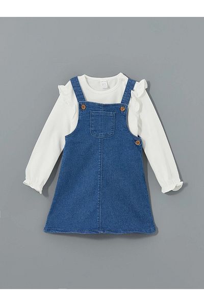 LC Waikiki Lcw Baby Indigo Square Collar Baby Girl Jean Salopet Dress and T-Shirt Set