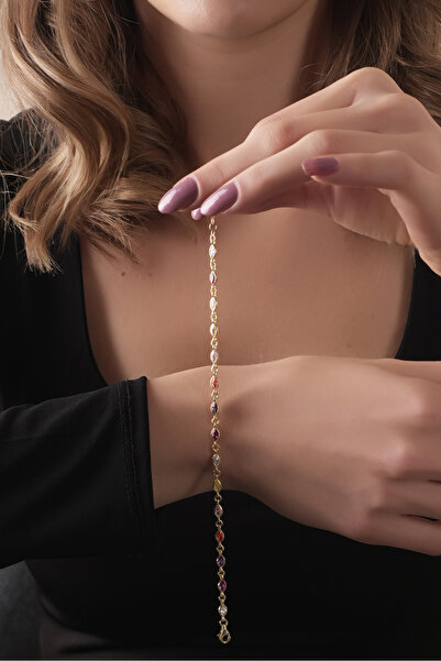 SUNSHINE 925 Ayar Gümüş, Gold Kaplamalı Renkli Mekik Taşlı Tasarım Bileklik