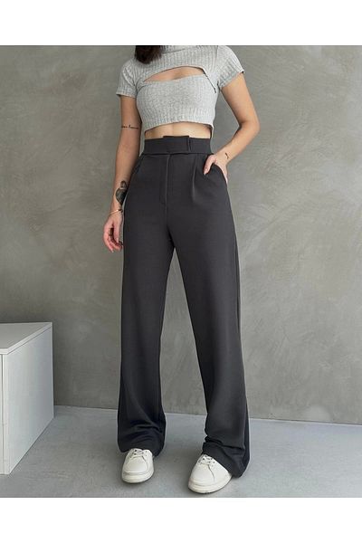 miyase life Women's Anthracite High Waist Velcro Palazzo Trousers - with Pockets