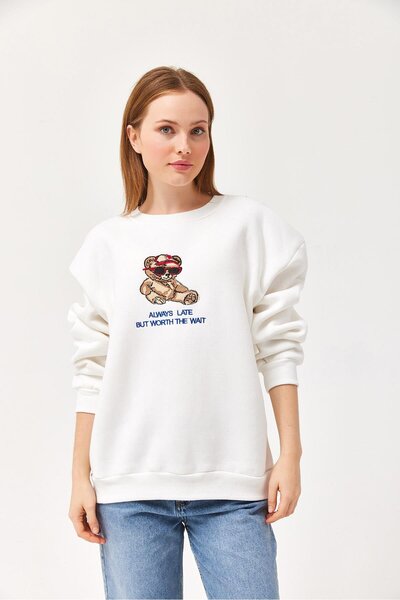 CALİENTE Teddy Bear Printed 3 Thread Sweatshirt White