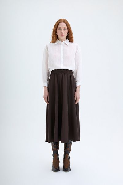 Quzu Brown Midi Length Elastic Waist Skirt
