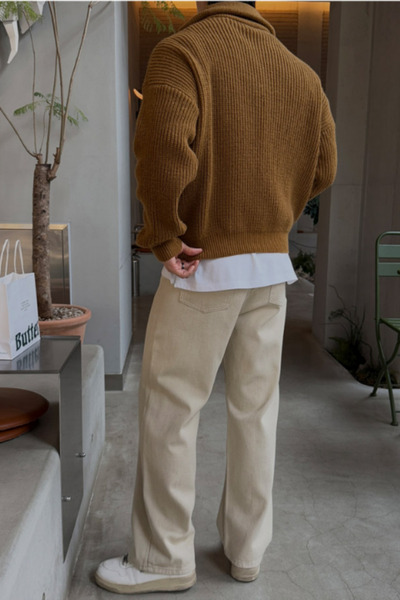 COOL TARZ Light Mustard Men's Oversize Zippered Fisherman Sweater