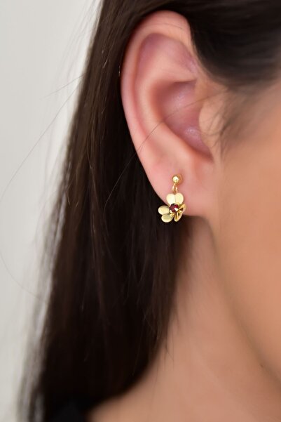 Papatya Silver 925 Ayar Gümüş Gold Kaplama Zirkon Taşlı Kırmızı Frezya Çiçeği Küpe