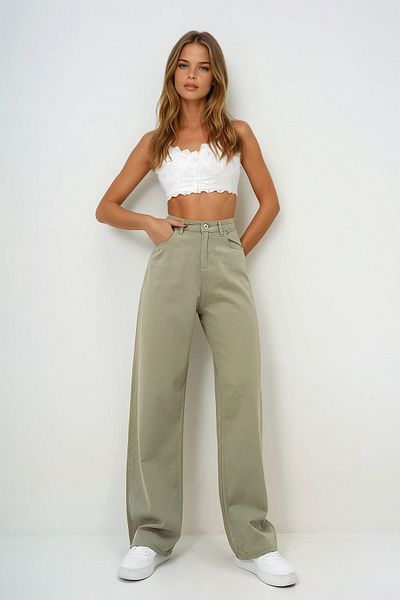 VAGGON Women's Green High Waist Five Pockets Wide Leg Summer Gabardine Trousers Prmx13761