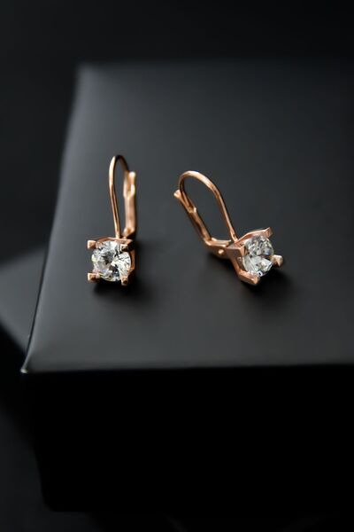 Papatya Silver 925 Ayar Gümüş Rose Kaplama Tek Taşlı Küpe