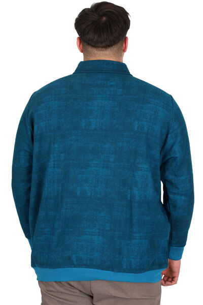 ModeXL Mode XL Büyük Beden Erkek Polo Yaka Sweatshirt Baskılı Selanik U24440 Turkuaz